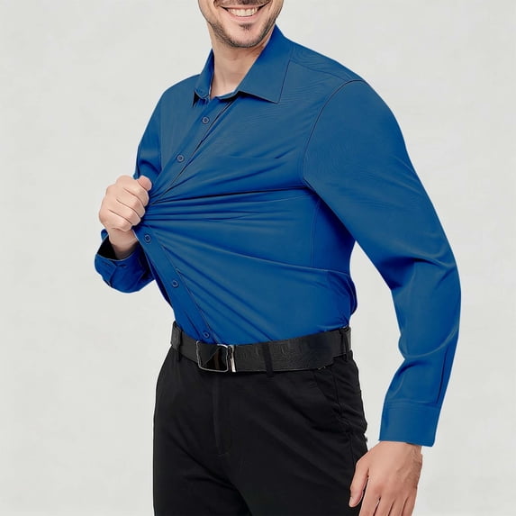 Men's Long Sleeve Shirt, Solid Color, Stretch Fit with Wrinkle-Free Technology, No Iron Needed, Turndown Collar for Casual and Business Wear