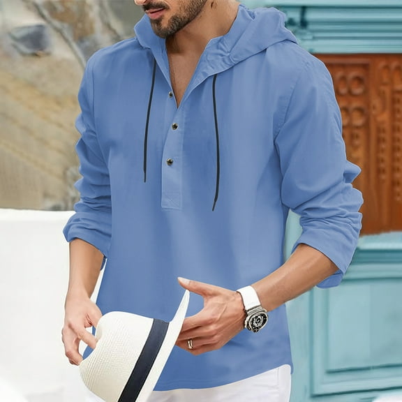 Men's Long Sleeve Shirt Summer Stylish Drawstring Hooded Shirt Casual Half open Button-Up Shirt