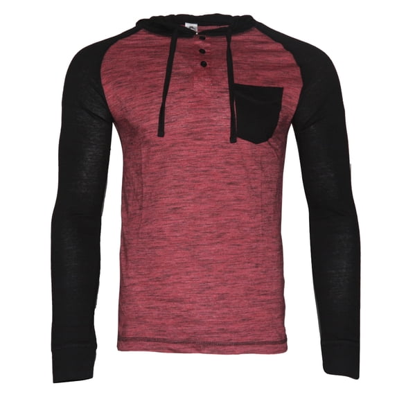 Men's Long Sleeve Shirt Two Tone Casual Drawstring Pullover 1/4 Button Hooded, Burgundy Black, S