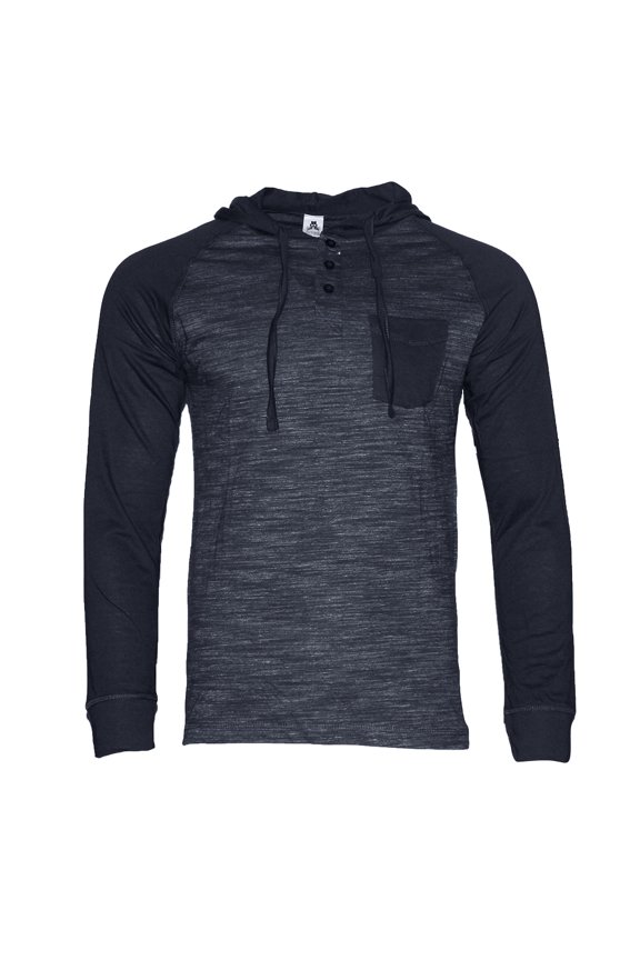 Men's Long Sleeve Shirt Two Tone Casual Drawstring Pullover 1/4 Button Hooded, Navy, S
