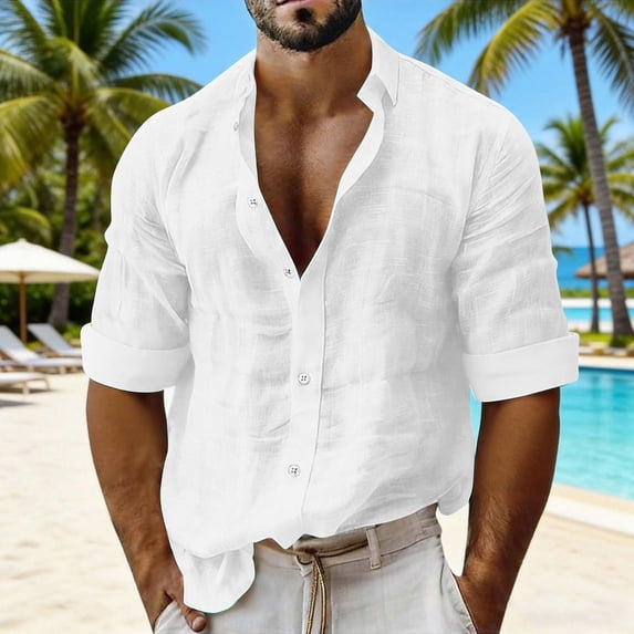 Men's Long Sleeve Shirt V Neck Casual Button Down Blouse Solid Color Loose Tops Comfy Lightweight Tee