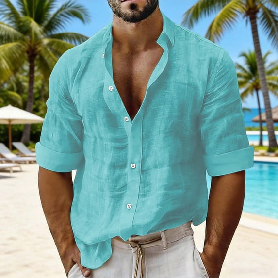 Men's Long Sleeve Shirt V Neck Casual Button Down Blouse Solid Color Loose Tops Comfy Lightweight Tee