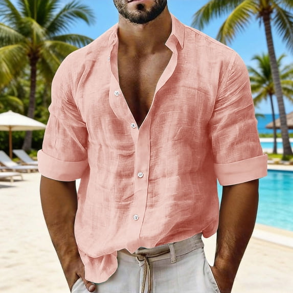 Men's Long Sleeve Shirt V Neck Casual Button Down Blouse Solid Color Loose Tops Comfy Lightweight Tee