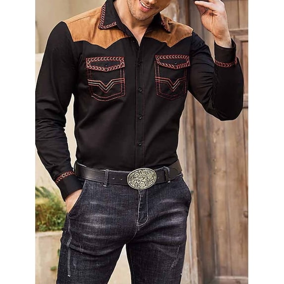 Men's Long Sleeve Shirt Western Button Down Casual Shirt Top Summer Shirt Oktoberfest Costume Shirt Black M