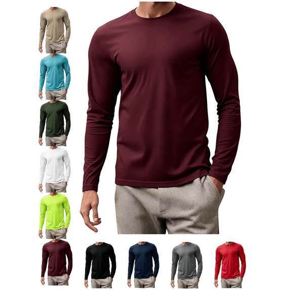 Men's Long Sleeve Shirts Crewneck T-Shirt Solid Color Mesh Fabric Moisture Wicking Lightweight Athletic Top