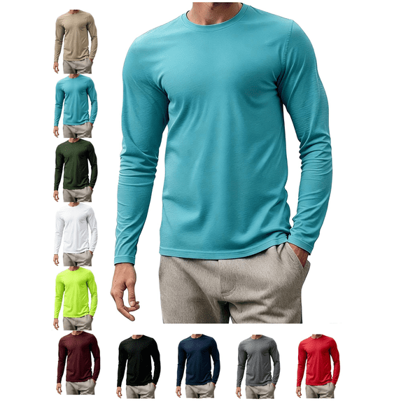 Men's Long Sleeve Shirts Crewneck T-Shirt Solid Color Mesh Fabric Moisture Wicking Lightweight Athletic Top