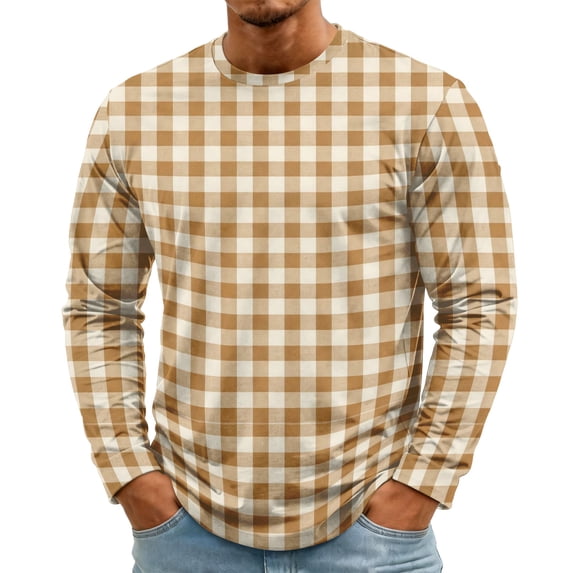 Men's Long Sleeve Shirts Crewneck T-Shirts Casual Pullover Shirt Soft Stretch Plaid Basic Tees Fall Tops
