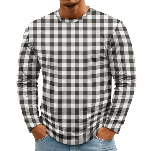 Men's Long Sleeve Shirts Crewneck T-Shirts Casual Pullover Shirt Soft Stretch Plaid Basic Tees Fall Tops