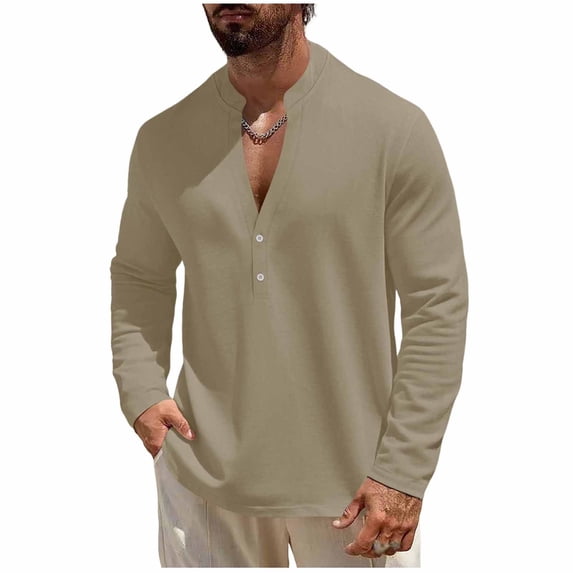 Men's Long Sleeve Shirts Linen Blend Cozy Summer Spring Tees Solid Buttons V Neck Lightweight Pullover Tops (M, Khaki)