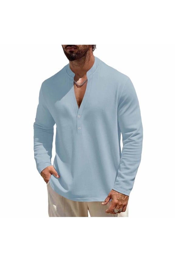 Men's Long Sleeve Shirts Linen Blend Cozy Summer Spring Tees Solid Buttons V Neck Lightweight Pullover Tops (XL, Light Blue)