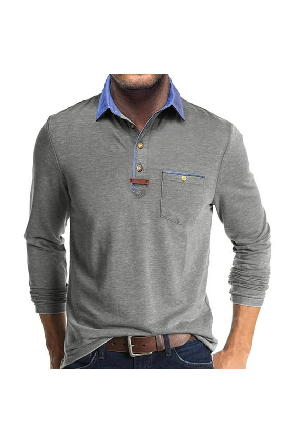 Men's Long Sleeve Shirts Men's Spring And Solid Color T-shirt Lapel 3 Button Open Placket Button Long Sleeved Top