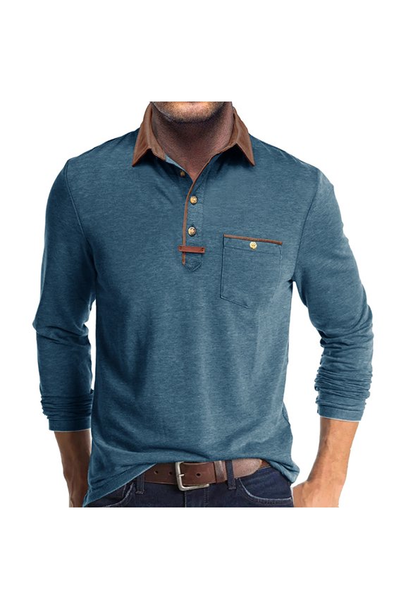 Men's Long Sleeve Shirts Men's Spring And Solid Color T-shirt Lapel 3 Button Open Placket Button Long Sleeved Top
