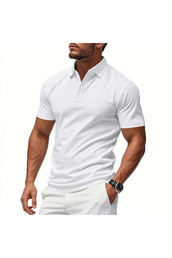 Men's Long Sleeve Shirts Mens Uniform Shirts Short Sleeve Button Lapel Collar Golf Basic Tee Tops Fashion Casual Solid Color T-Shirt White S