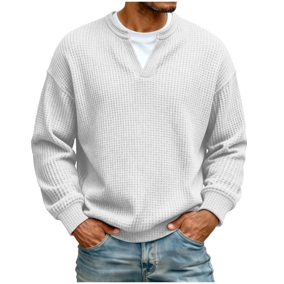 Men's Long Sleeve Shirts V Neck Fake Two Piece Breathable Tee Shirt Waffle Weave Solid Color Loose Casual Basic Shirts Soft Basic Tops 2026