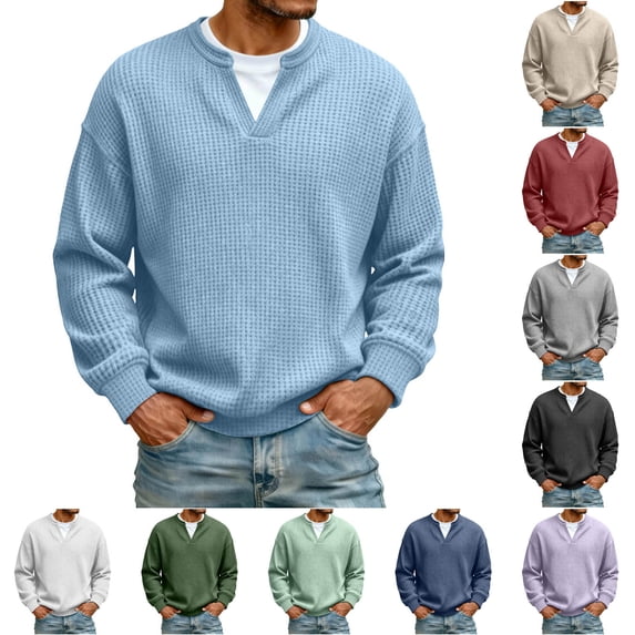 Men's Long Sleeve Shirts V Neck Fake Two Piece Breathable Tee Shirt Waffle Weave Solid Color Loose Casual Basic Shirts Soft Basic Tops 2026