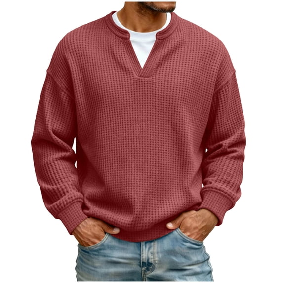 Men's Long Sleeve Shirts V Neck Fake Two Piece Breathable Tee Shirt Waffle Weave Solid Color Loose Casual Basic Shirts Soft Basic Tops 2026