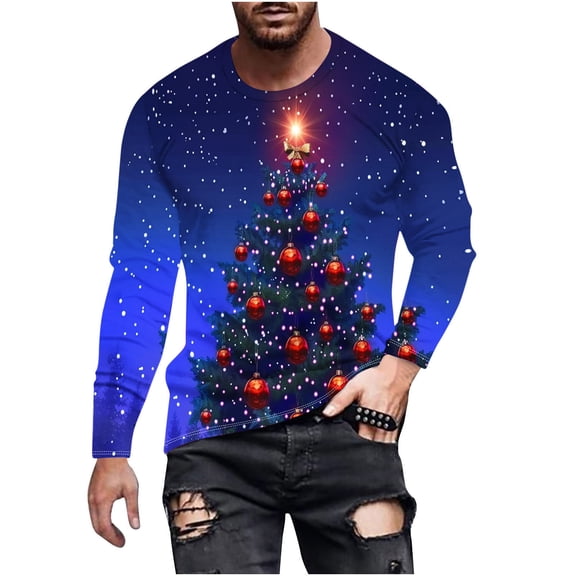 Men's Long Sleeve Slim Fit Christmas T Shirt with Glitter 3D Xmas Tree Print Crewneck Pullover Top Versatile Holiday Graphic Tee for Casual Outings