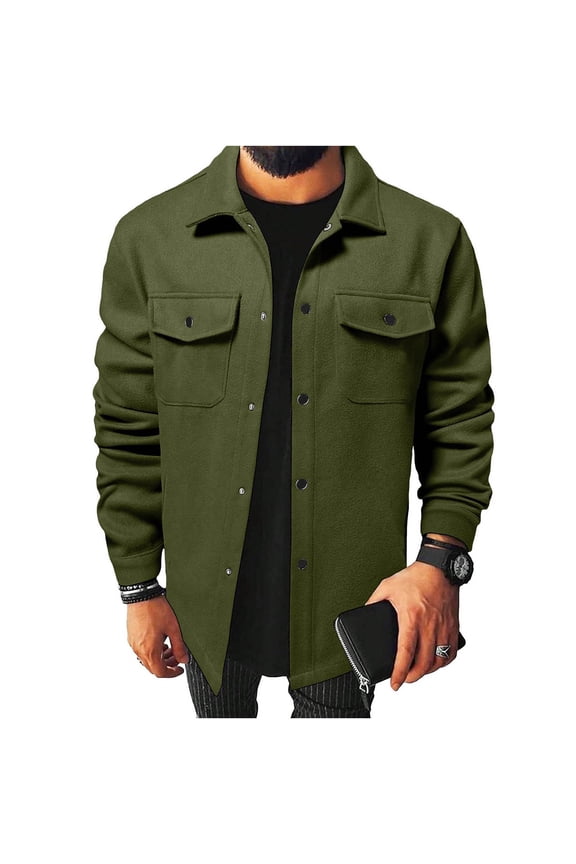 Men's Long Sleeve Snap Button Down Wool Blend Work Shirt Jacket Tweed Utility Shacket with Flap Pockets Big and Tall Size S-3XL Army Green