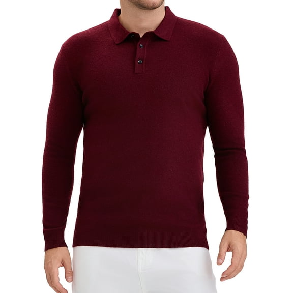 Men's Long Sleeve Solid Color Pullover Business Knitted Polo Shirt L Burgundy