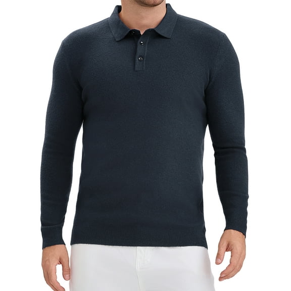 Men's Long Sleeve Solid Color Pullover Business Knitted Polo Shirt L Dark Blue