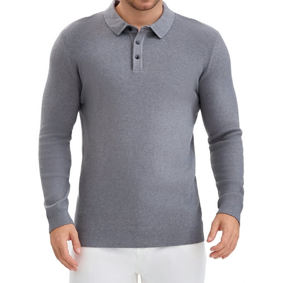 Men's Long Sleeve Solid Color Pullover Business Knitted Polo Shirt L Gray