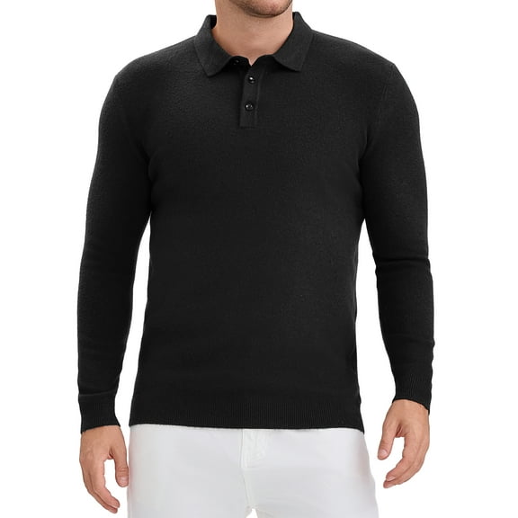 Men's Long Sleeve Solid Color Pullover Business Knitted Polo Shirt M Black