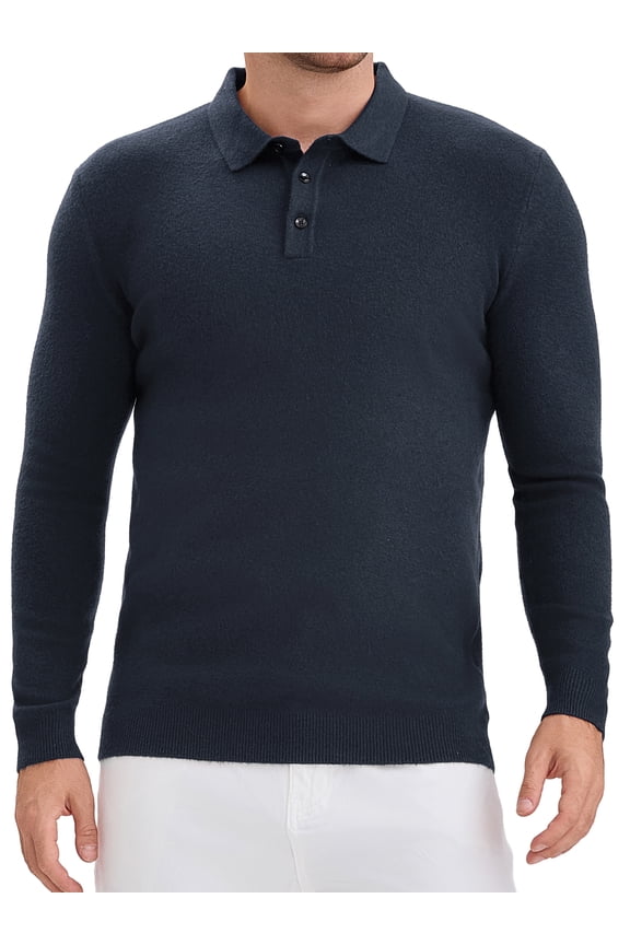 Men's Long Sleeve Solid Color Pullover Business Knitted Polo Shirt M Dark Blue