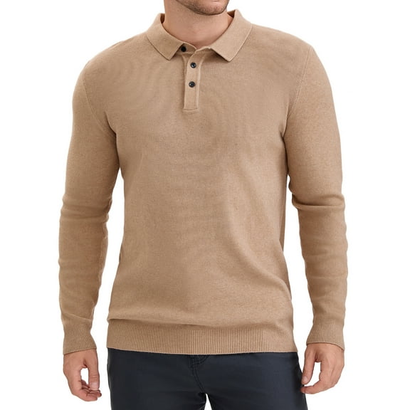 Men's Long Sleeve Solid Color Pullover Business Knitted Polo Shirt M Khaki