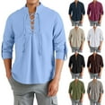 thumbnail image 1 of Men's Long Sleeve Stand Collar Cotton Henley Shirt Hippie Casual Beach Wear for Spring Fall Bohemian Style,White,2XL, 1 of 8