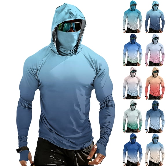 Men's Long Sleeve Sun Shirt with Hood and Mask, Ombre Color Block Design UPF 50+ Rash Guard, Lightweight Athletic Top Sky Blue L