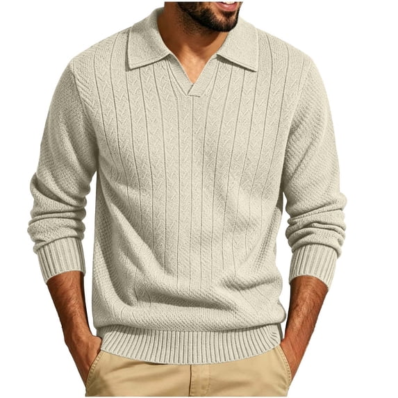 Men’s Long Sleeve Sweater Open V‑Neck Half Placket Textured Cable Knit Pullover Casual Relaxed Fit Collared Top