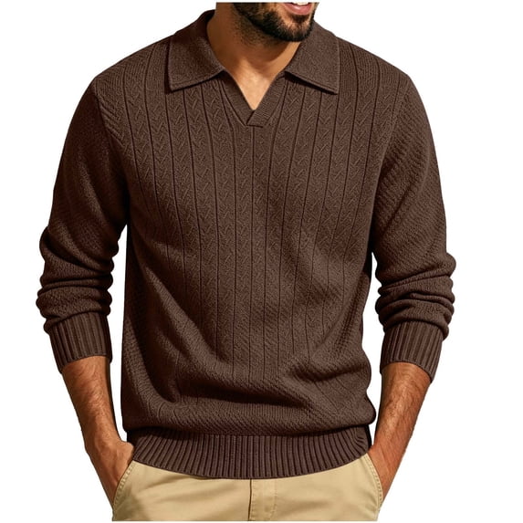 Men’s Long Sleeve Sweater Open V‑Neck Half Placket Textured Cable Knit Pullover Casual Relaxed Fit Collared Top