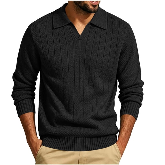 Men’s Long Sleeve Sweater Open V‑Neck Half Placket Textured Cable Knit Pullover Casual Relaxed Fit Collared Top