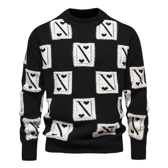 Men's Long Sleeve Sweaters Mock Neck Color Block Sweater Casual Pullover Tops Trendy Jacquard Sweatshirt Black 3XL