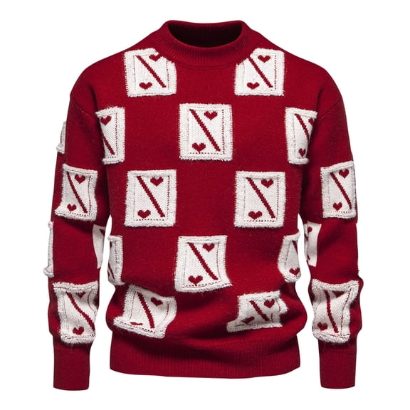 Men's Long Sleeve Sweaters Mock Neck Color Block Sweater Casual Pullover Tops Trendy Jacquard Sweatshirt Red M