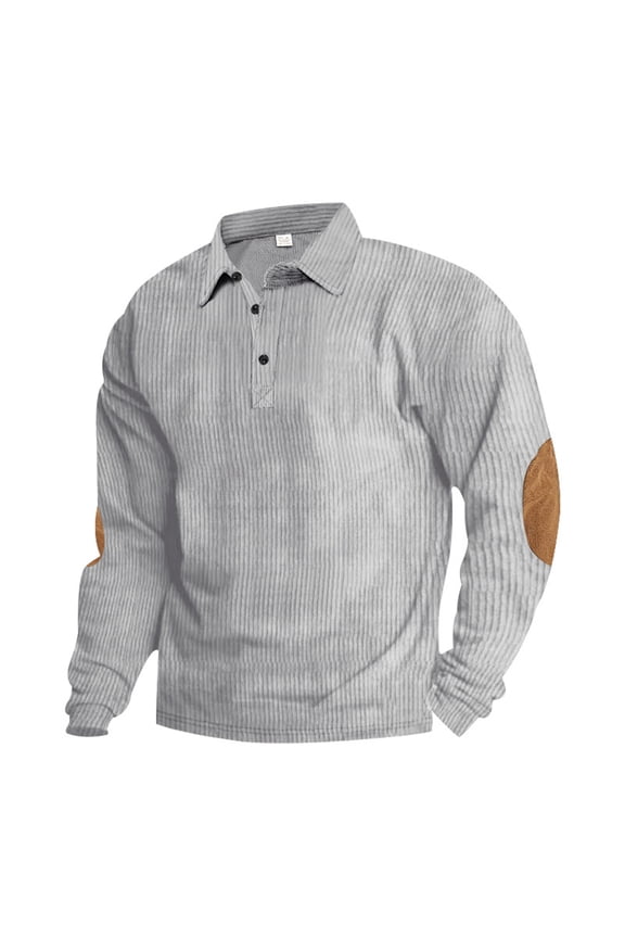Men's Long Sleeve Sweatshirt Corduroy Spread Collar Elbow Panel Button Up Ribbed Pullover for Men with Elbow Patches Light Gray S