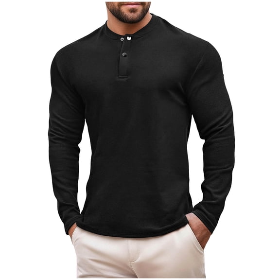 Men's Long Sleeve Sweatshirt Solid Color Round Neck Button Down Velvet Base T-shirt Top Outdoor Fashion Fall Clothes Basic Casual Winter Clothing