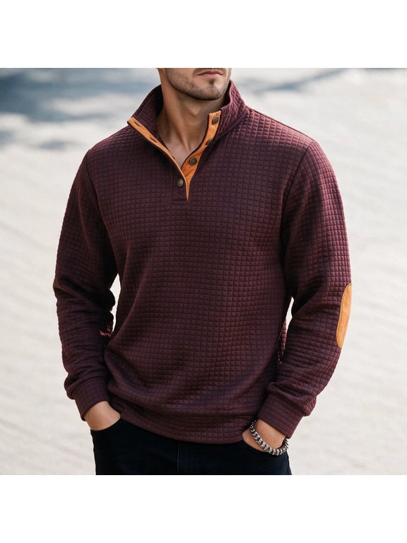 Men's Long Sleeve Sweatshirt Stand Collar Pullover Shirt Grid Texture Casual Fall Winter Vintage Style Contrast Elbow Patch Top Wine XL