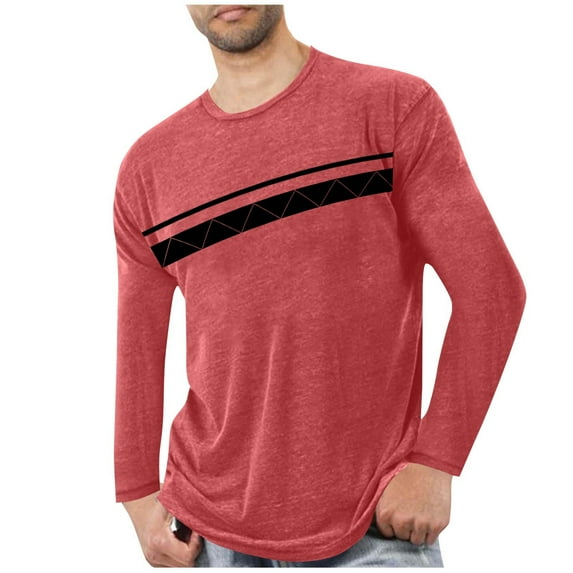 Men's Long Sleeve T Shirt Crewneck Color Block Casual Loose Workout Pullover Tops Red L