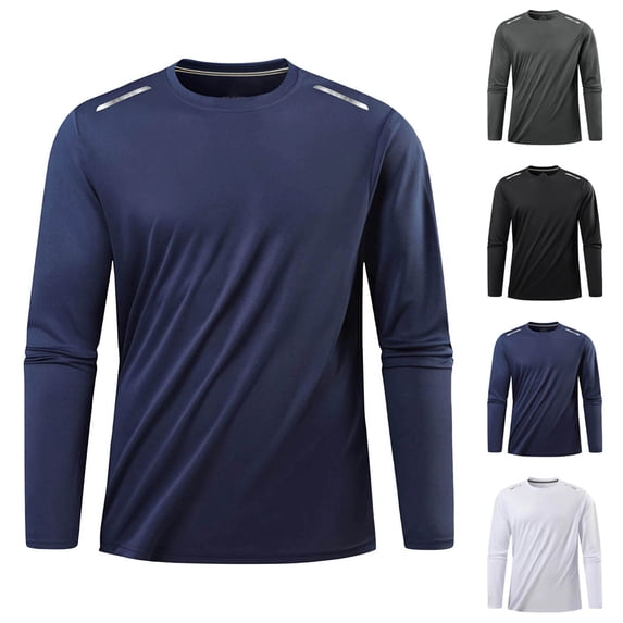Men's Long Sleeve T-Shirt Ice Silk Quick Dry, Round Neck Athletic Base Layer Sweat-Wicking, Polyester Compression Fitness Top for Gym Workout Running Training Casual | Zenithor,Dark Blue M