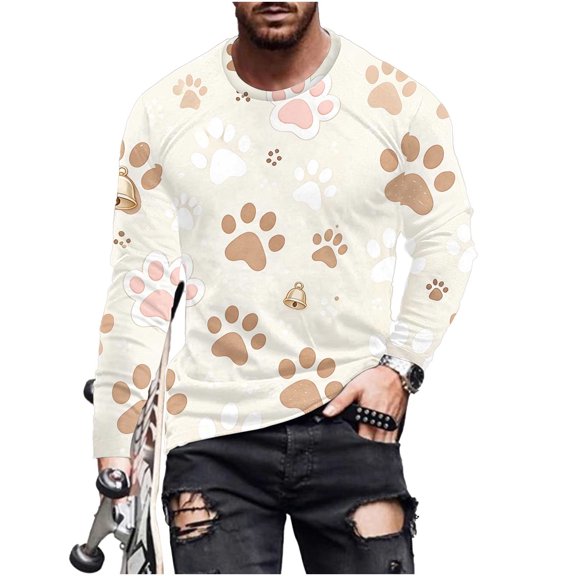 Men's Long Sleeve T-Shirts Casual Big&Tall Round Neck and Loose Fit Paw Printed Comfy Cozy Graphic Pullover Tops (4XL, Beige)