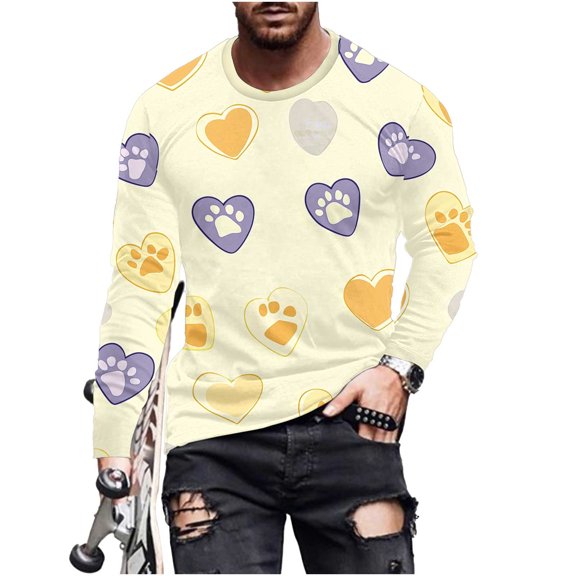 Men's Long Sleeve T-Shirts Casual Big&Tall Round Neck and Loose Fit Paw Printed Comfy Cozy Graphic Pullover Tops (5XL, Yellow)