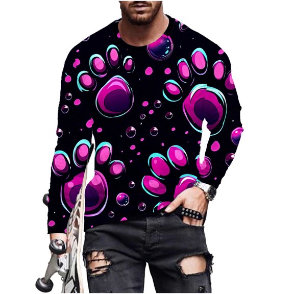 Men's Long Sleeve T-Shirts Casual Big&Tall Round Neck and Loose Fit Paw Printed Comfy Cozy Graphic Pullover Tops (M, Hot Pink)