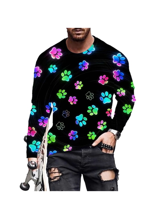 Men's Long Sleeve T-Shirts Casual Big&Tall Round Neck and Loose Fit Paw Printed Comfy Cozy Graphic Pullover Tops (M, Multicolor)