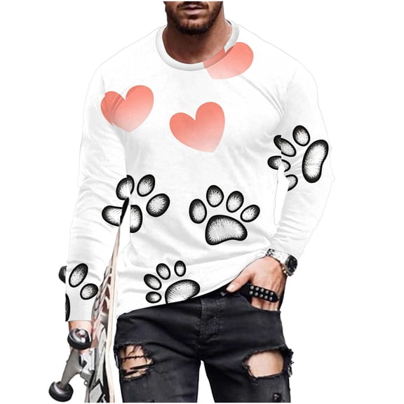 Men's Long Sleeve T-Shirts Casual Big&Tall Round Neck and Loose Fit Paw Printed Comfy Cozy Graphic Pullover Tops (S, Watermelon Red)