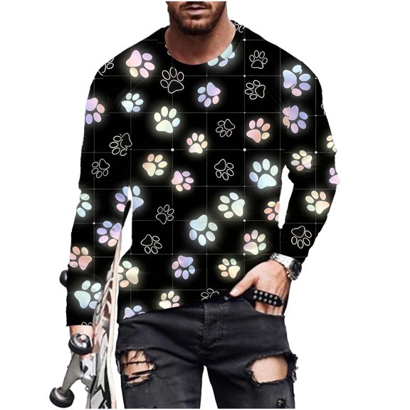 Men's Long Sleeve T-Shirts Casual Big&Tall Round Neck and Loose Fit Paw Printed Comfy Cozy Graphic Pullover Tops (XXL, Black)