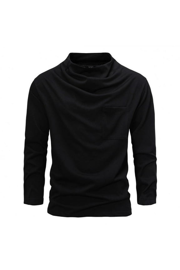Men's Long Sleeve T-Shirts Fall Casual High Neck Loose Tops Fashion Plus Size Solid Color Blouses for Men (Black 2XL)