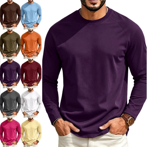 Men's Long Sleeve Tee Shirts Crew Neck T Shirt Solid Casual Basic Tees Soft Stretch T-Shirts Dark Purple 240