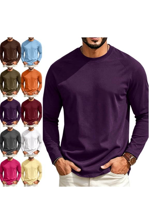 Men's Long Sleeve Tee Shirts Crew Neck T Shirt Solid Casual Basic Tees Soft Stretch T-Shirts Dark Purple 270