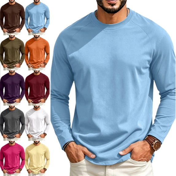 Men's Long Sleeve Tee Shirts Crew Neck T Shirt Solid Casual Basic Tees Soft Stretch T-Shirts Sky Blue 220